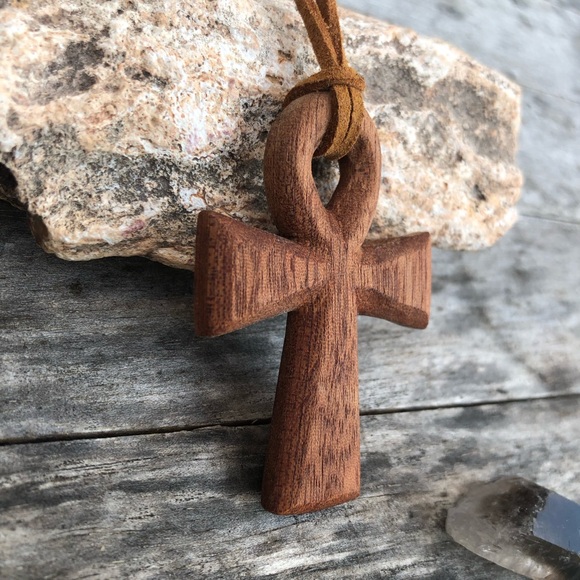 Hand-Carved Mahogany Wooden Ankh Necklace - Picture 3 of 9